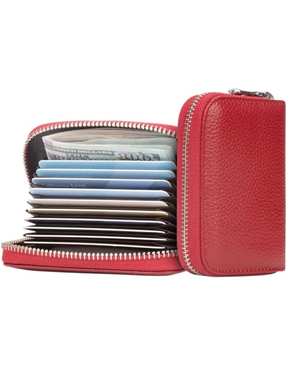 Red RFID Blocking Wallet Zip Around Credit Card Holder Case Size OS - Picture 4 of 7